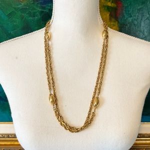 Vintage Monet Extra-Long Gold Chain Necklace With Oval Statement Beads—39"